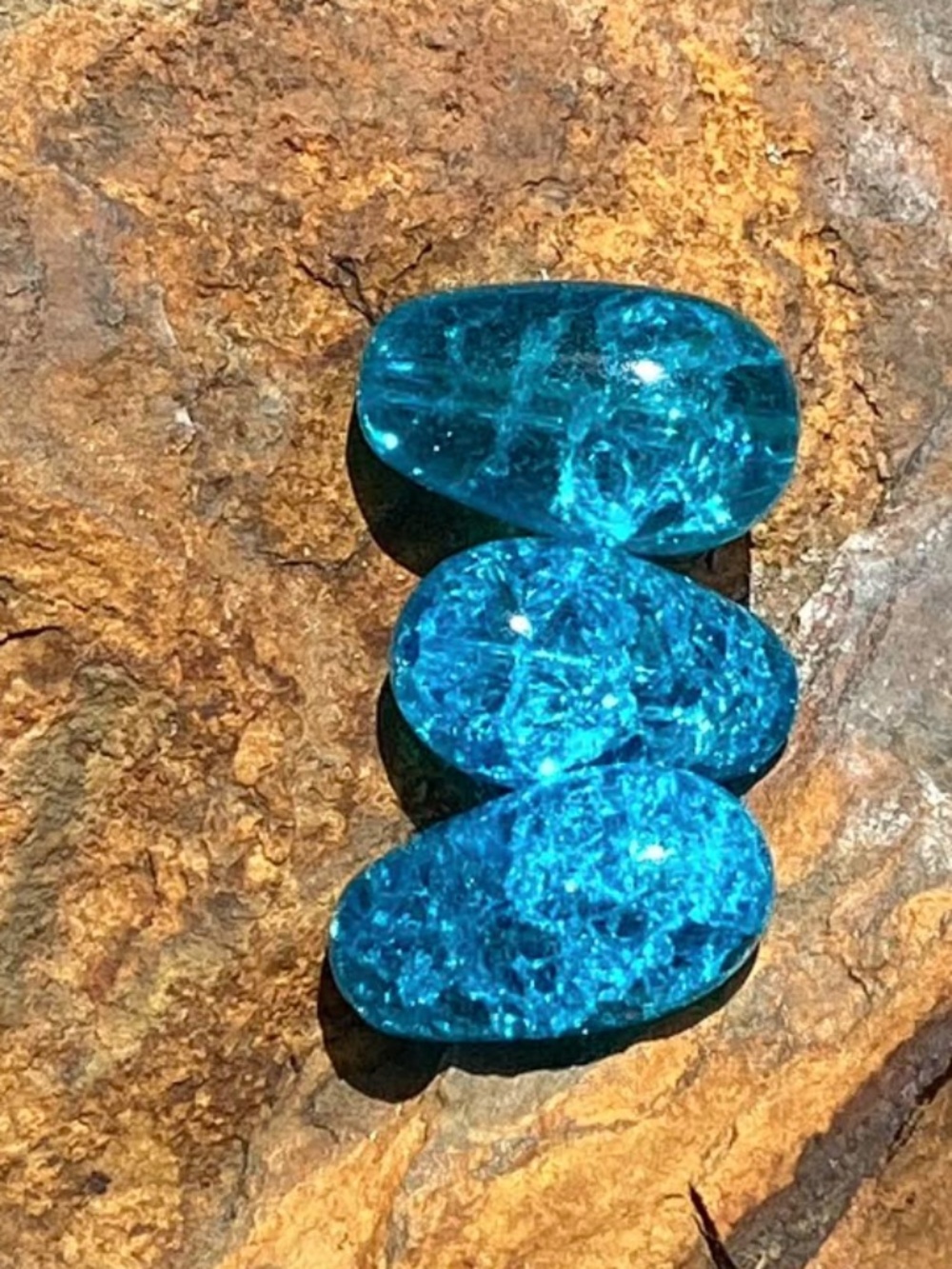 Set of 3 Blue Crackle Glass Beads, NWT, 20mmx12mm, Drilled